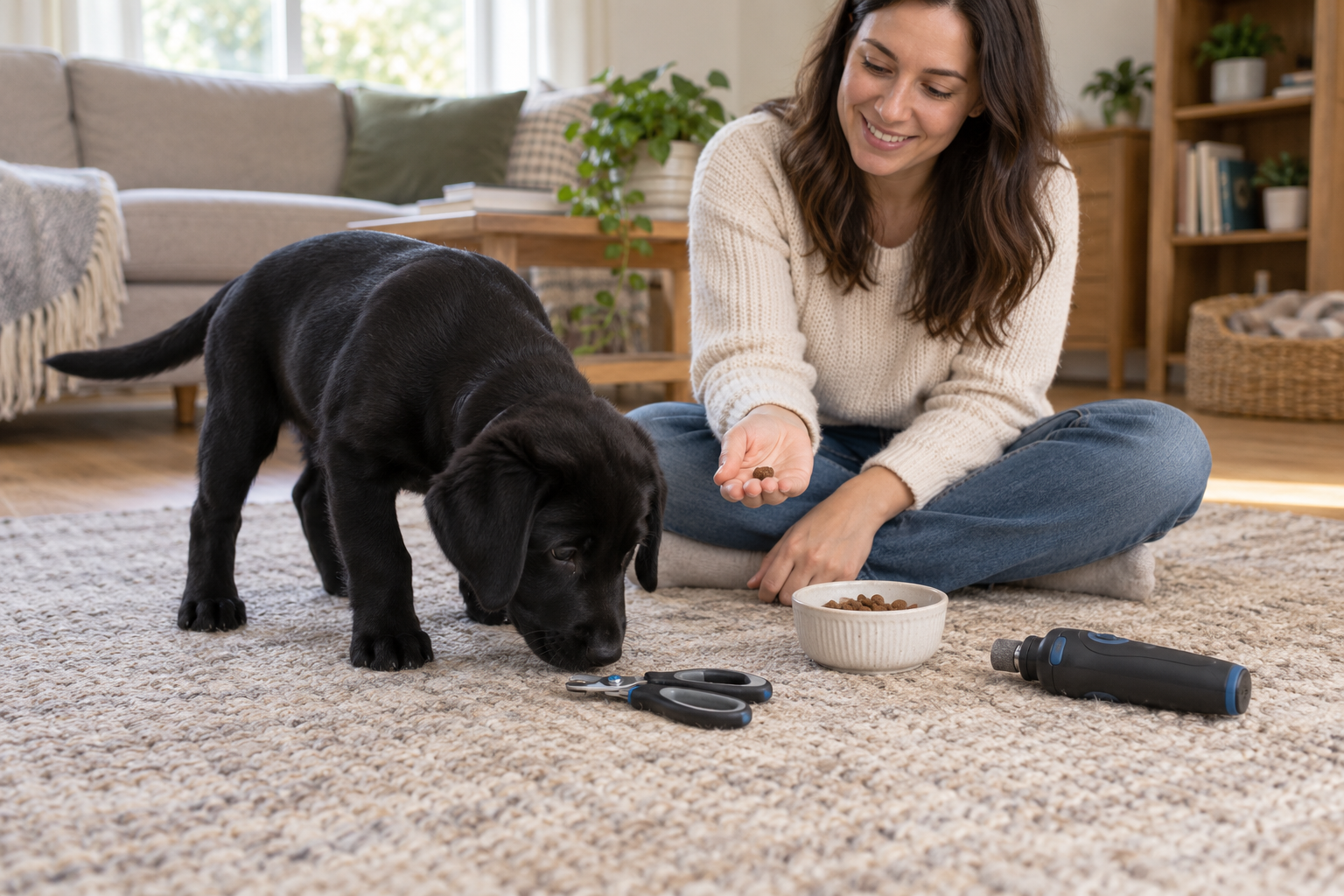 Puppy investigating nail clippers during the Puppy Nail Trimming Game.